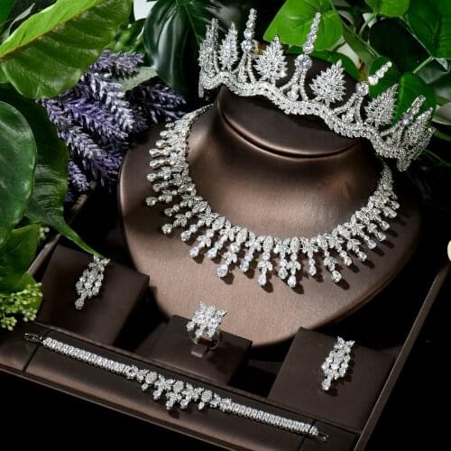 HIBRIDE Luxury Sparkling Cubic Zirconia Crystal Bracelet Ring Necklace Earring Set Women Wedding Party Nigerian Jewelry N-1630