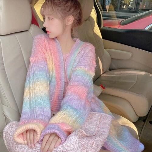 2021 Autumn Winter Rainbow Knitted Cardigan Women Streetwear Kawaii Sweater Coat Button Long-Sleeved Cardigan Female