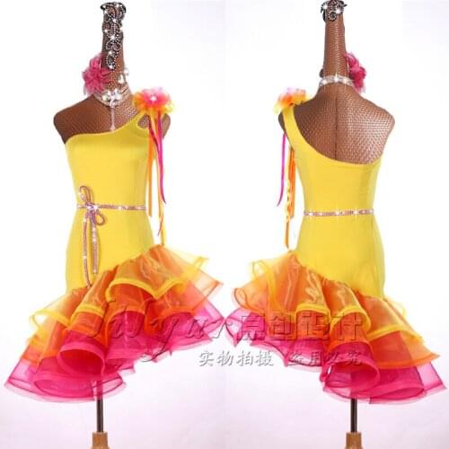 Customized new latin dance competition suit adult girl child dance suit yellow sloping shoulder sleeveless fish bone dance skirt