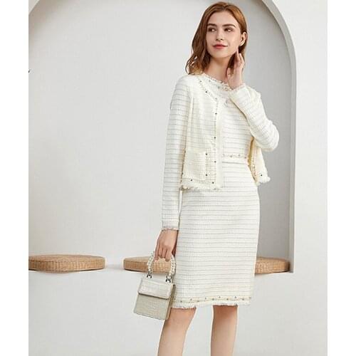 Suits Women Two Pieces Set 70% Wool Blended Pattern Knitting Bead Set O Neck Long Sleeve Dress Tight Skirts New Fashion