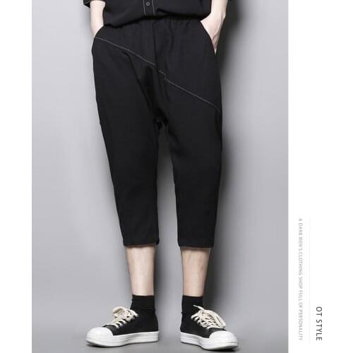 Irregular splicing loose car line in summer, small foot hanging low-grade casual Capris, Harlan pants, pipe pants, mens fashion