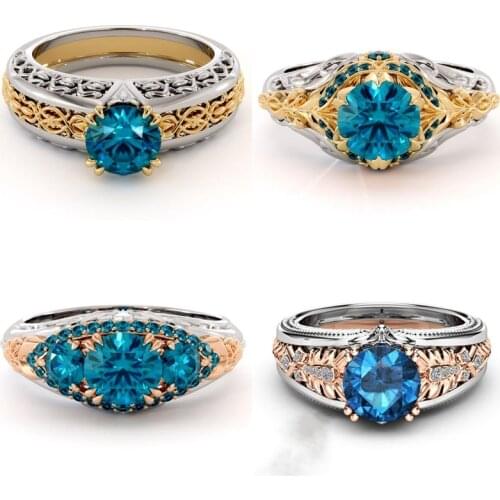 BAOSHINA Trendy Round Blue Cubic Zirconia Pattern Ring For Women Party Wedding Jewelry Hand Accessories