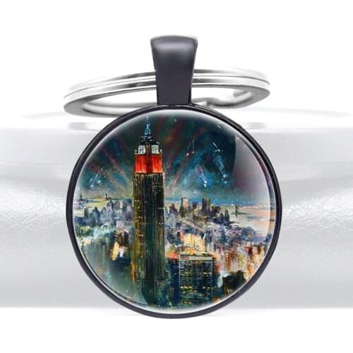 Fashion Empire State Building Design Glass Dome Metal Key Chain Charm Men Women Key Ring Jewelry Gifts Keychains