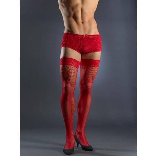 Mens fishnet mesh sexy stockings Widen Lace mens thigh high stockings medias and Net yarn transparent boxer underwear men gay