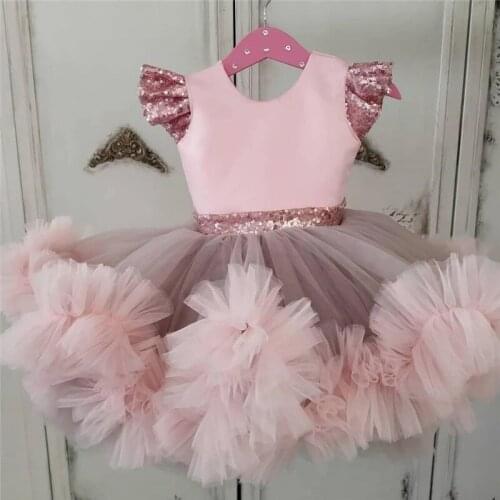 Formal Pink Short Baby Girls Dresses Knee Length Puffy Toddler Infant Birthday Gowns Tutu Wedding Flower Girl Dresses Sequin Bow