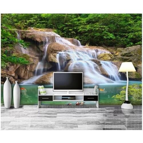 Custom mural 3d photo wallpaper on the wall Forest waterfall carp background home decor living room wallpaper for wall 3 d