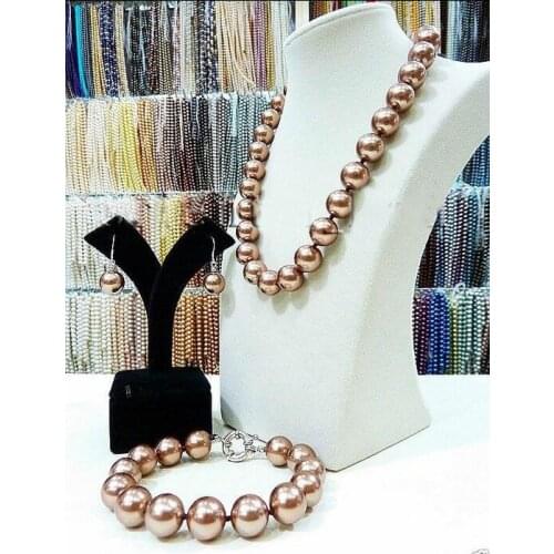Wholesale price 16new ^^^^Huge 14mm round Light Brown South Sea Shell Pearl Necklace Bracelet Earrings Set