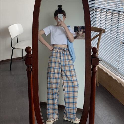 Simple Vintage Plaid Causal Long Women Pants Street Fashion Straight Wide Leg Pant Female Trousers 2021 Summer Joggers