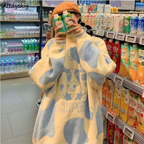 Pullovers Women Winter Warm Cow Patchwork Turtleneck Knitted Sweaters Casual Loose Sweet Kawaii Simple Oversize Cozy Students