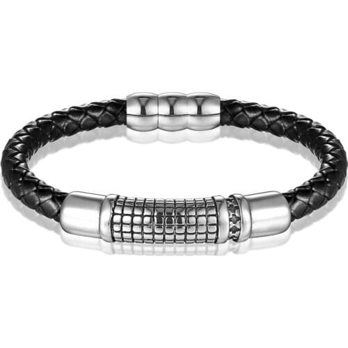 Luxury Handmade Braided Genuine Leather Bracelet Men Stainless Steel Bracelets Bangles Punk Jewelry Fathers Day Gift Pulseras