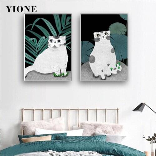 Cartoon Cat Canvas Paintings Custom Animal Kitten with Green Plants Lotus Leaf Posters and Prints Wall Art Picture for Bedroom