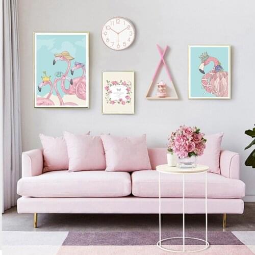 Modern Minimalistic Pink Animal King Flamingo With Roses Canvas Art Abstract Painting Print Picture Wall Poster Home Decoration