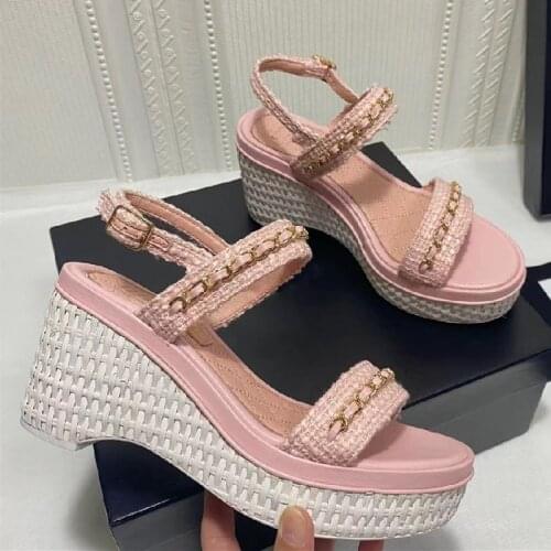 Thick Bottom Sandals Women Genuine Leather Wedges Chain Decor Platform Shoes Sandals Women Female Shoes Luxury Brand Design Shoe