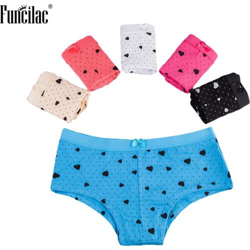 FUNCILAC Women Sexy Cotton Briefs Heart Print Panties Seamless Underwear Panties for Women Low Waist Boyshort Boxer Set 5pcs/lot