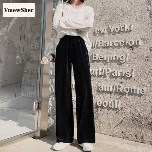 VmewSher New Spring Autumn Women Pants Solid Black Velour Long Elastic High Waist Casual Lady Wide Leg Elegant Loose Trousers