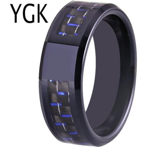 YGK Jewelry Lovers Ring Women & Mens Wedding Anniversary Date Logos Jewelry 8mm Black Bevel With Fiber Inlay Tungsten Ring