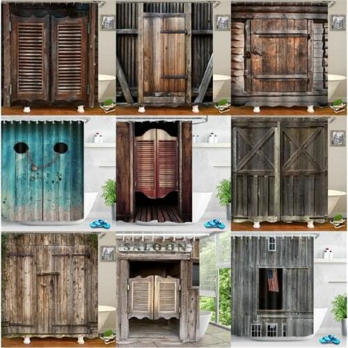 Shower Curtain Retro Rustic Barn Wood Door Western Country Scenic Picture Print Mildew-Proof Waterproof Home Decor Hooks Set