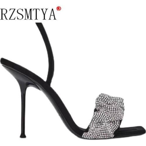Size 43 Summer Women High Heels Sandals Square Toe Bling Rhinestone Sexy Party Wedding Shoes High Quality Ladies Shoes Luxury
