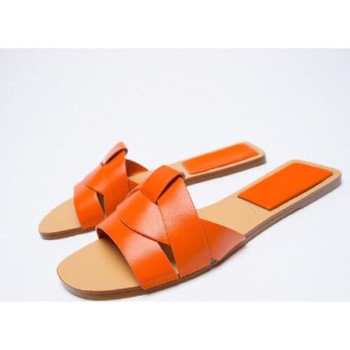 ZAR Slippers Women Summer Luxury 2021 New Orange Cross Leather Casual Flat Sandals Brand Woman Beach Shoes Plus Size 40 Femme