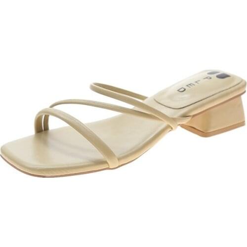 Mid Heel Slippers for Women Square Toe Summer Roma Shoes Woman 2021 New Yellow Womens Chunky Slipper Ladies House Slides