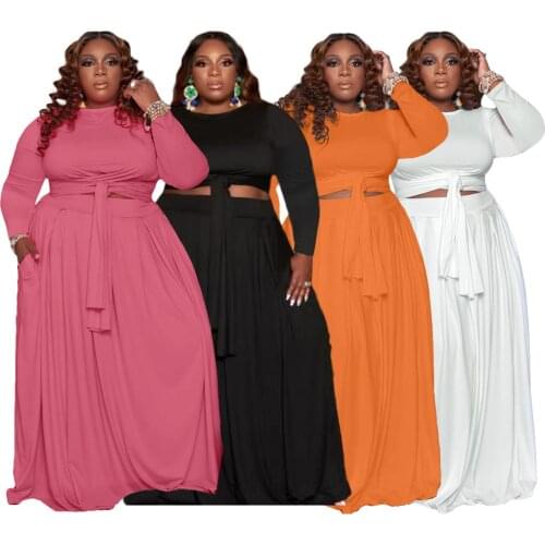 Plus Size XL~5XL 2 Piece Set Women Summer Elegant Full Sleeve Crop Top + Long Skirts Two Piece Sweatsuits Matching Set Outfits
