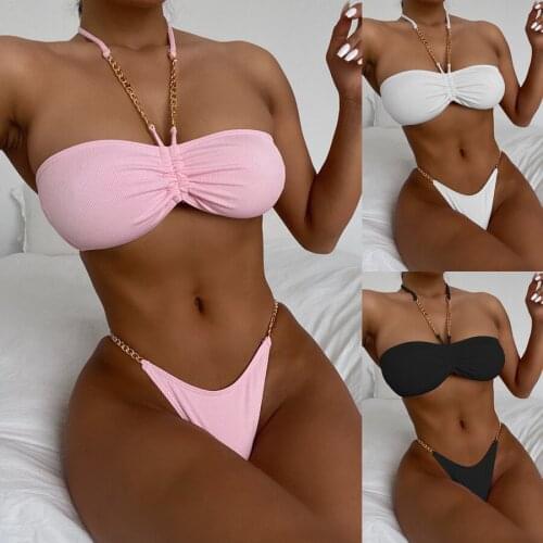 Swimsuit 2021 Solid Color Bikini Chain Swimsuit European and American Swimsuit Ladies Bonding Swimsuit Bikini Beach Wear