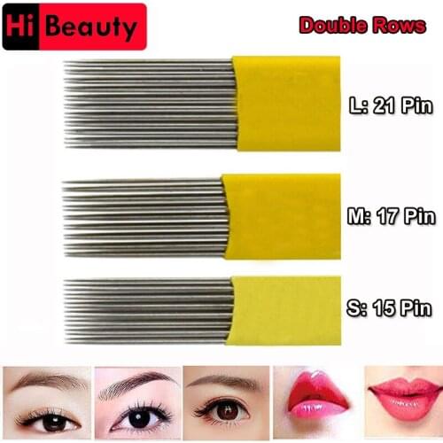 100pcs/lot Yellow Disposable Flat 15/17/21 Pin Double Rows Tattoo Manual Needles Blade Needles For Permanent Eyebrow Makeup
