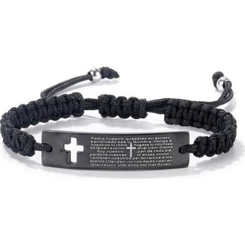 Stainless Steel Cross Long Bar Bible Verse Engrave Men Rope Chain Bracelet Bangle Jewelry Gift For Him