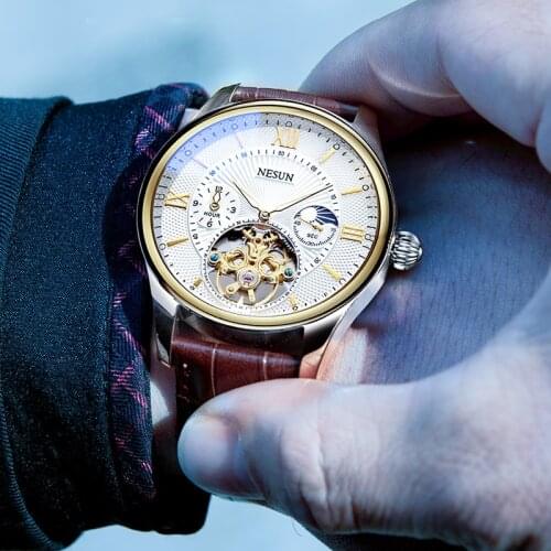 NESUN Men Luxury Brand Fashion Hollow Automatic Mechanical Wristwatches Waterproof Leather Strap Sports Watch Relogio Masculino