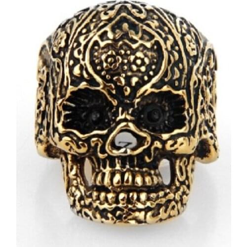 Gothic Carved Flower Skull Mens Ring Boy 316L Stainless Steel Biker Ring Sz 7-15