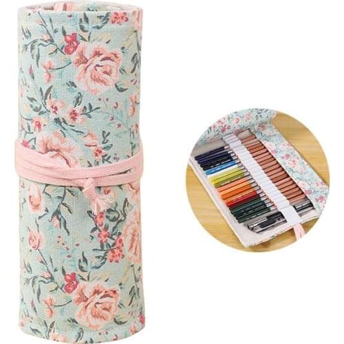 Canvas Portable Handmade Knitting Rolling Pencil Roll Wrap Holder Pouch Case Storage Organizer With 48 Slots (Pink Floral Style)