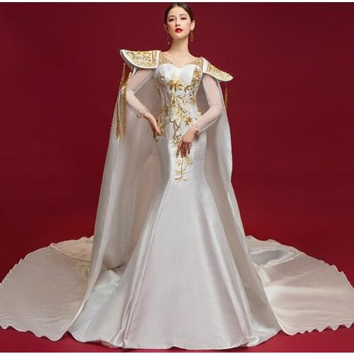 Quality Luxury Gold Embroidery Chinese Evening Dress Flare Sleeve Woman Elegant Trailing Oriental Wedding Gowns Cheongsam White