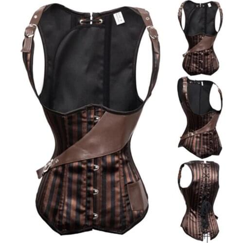 Plus Size Waist slimming Corset Steampunk Corset Brown Striped Waist Underbust Corsets&Bustiers Burlesque Corselet Vest