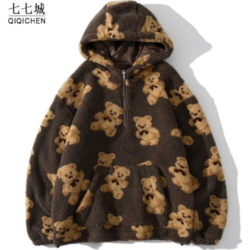 Lambswool Hooded Jacket Men Women Bear Print Half Zipper Cardigan Coats Harajuku Hooded Couple Coat Outwear Pullover Winter