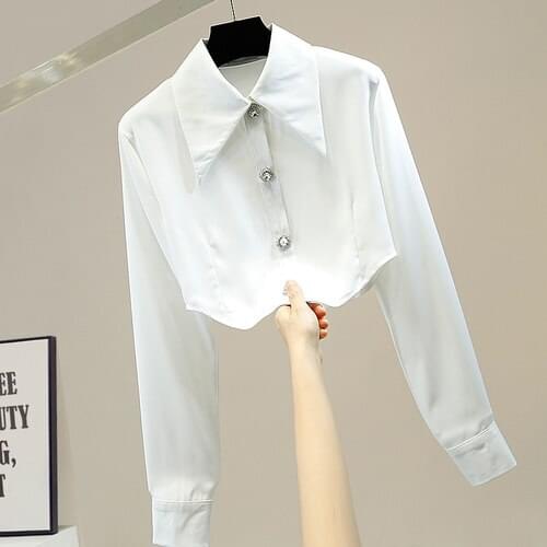 Fashion Diamond Single-Breasted Irregular Short Off Navel Shirt Women Long Sleeve Satin Blouse Slim Fit Lady Top White Black