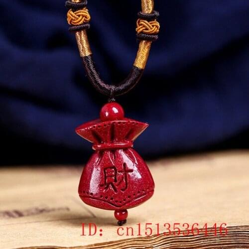 Fashion Cinnabar Jade Blessing Bag Pendant Necklace Jewellery Chinese Hand-Carved Healing Women Man Luck Gift Sweater Chain
