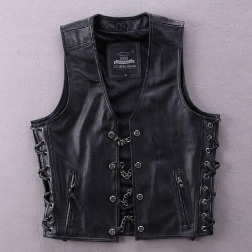 2020 Mens Genuine Leather Motorcycle Vest Cowhide Chain Decoration Slim Short Youth Vests Locomotive Black Sleeveless Jacket