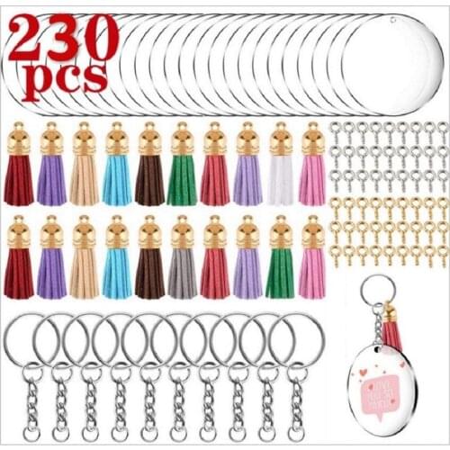 230pcs Acrylic Keychain Blanks Kit with Key Rings Jump Rings Round Colorful Tassel Pendants for DIY Jewelry Making Supplies