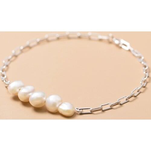 Real. 925 Sterling Silver Fine Jewelry baroque Pearl &Oval O Chain Wrist Bracelet Charms C-S3977