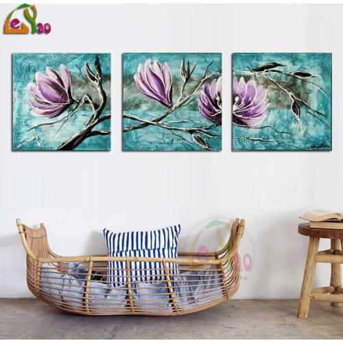 5D Diy Diamond Painting Triptych Purple Magnolia Flower Diamond Embroidered 3 pcs/set Floral Festival Decorations Mosaic Gift