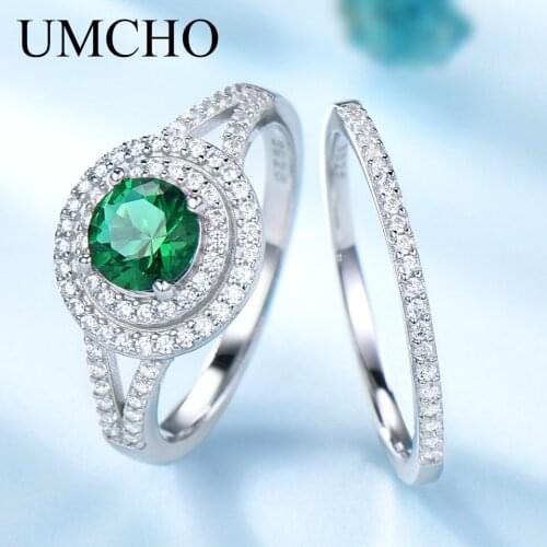 UMCHO Luxury Nano Emerald May Birthstone Double Rings Genuine Sterling Silver Rings For Women Birthday Gift Fine Jewelry