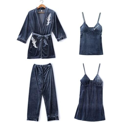 Women Pajamas Sets Velvet Sleepwear 4 Pieces Nightwear Pyjama Nighty For Bride Robe Embroidery Spaghetti Strap spring night suit