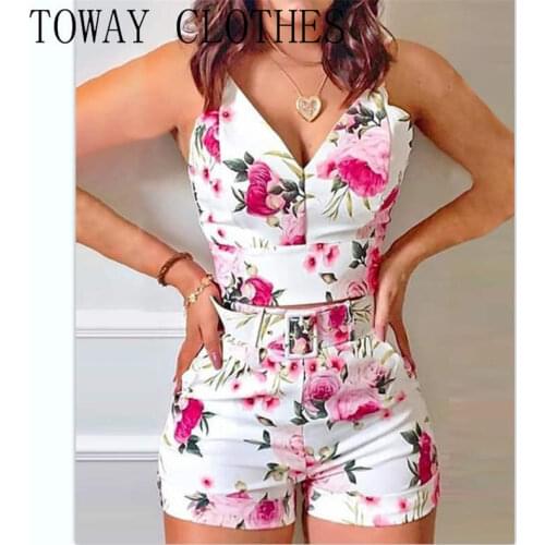 Summer Women Floral Print V-Neck Spaghetti Strap Top & Shorts Set Casual Two Piece