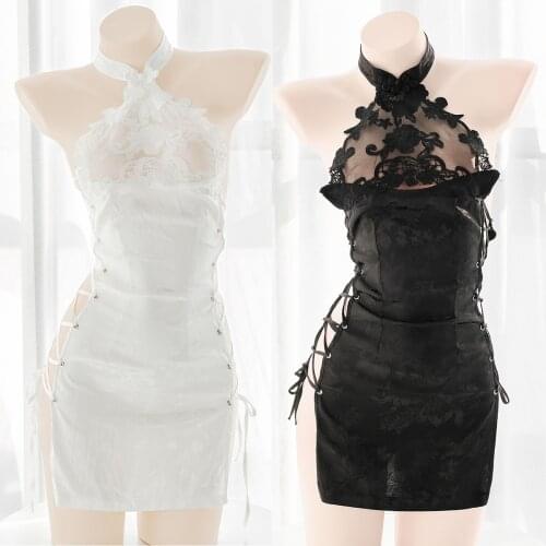 Gothic Women Hollow Lace Cheongsam Sexy Bondage Backless Qipao Chinese Traditional Dress Lingerie Anime Maid Cosplay Costume