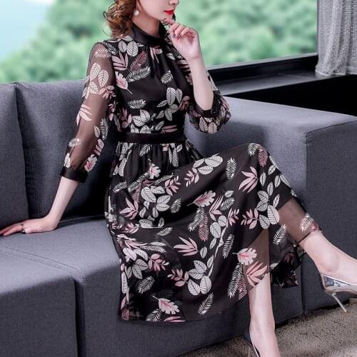 Summer Boho Beach Black Floral Chiffon Vacation Dress 2021 Spring Elegant Casual Vintage Midi Dress Women Bodycon Party Vestidos