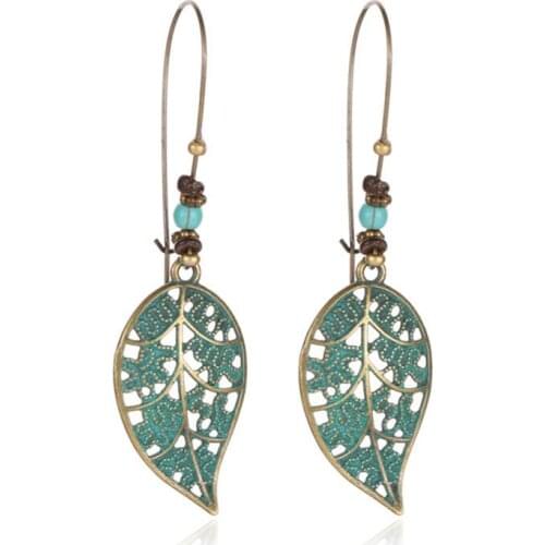 2020 Women Ethnic Style Fashion Ancient Bronze Metal Exaggerated Carved Earrings Bohemian Retro Green Plant Elements Earrings