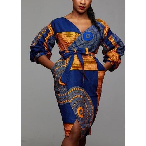 2020 African Clothing For Women Dashiki Dress Lantern Sleeve Sexy V Neck Bandage Dress Ankara Print Bodycon Party Mini Dresses