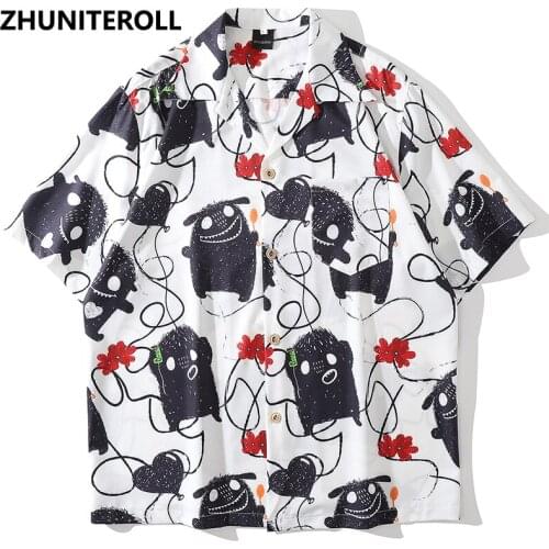 2021 Button Shirts Blouse Cartoon Ghost Print Summer Hip Hop Stretewear Casual Harajuku Hawaiian Beach Short Sleeve Shirts Tops