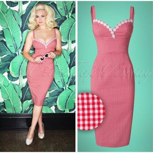 40- summer women vintage 50s gingham strapless wiggle sundress in red white lace detail pin up pencil vestidos plus size jurke