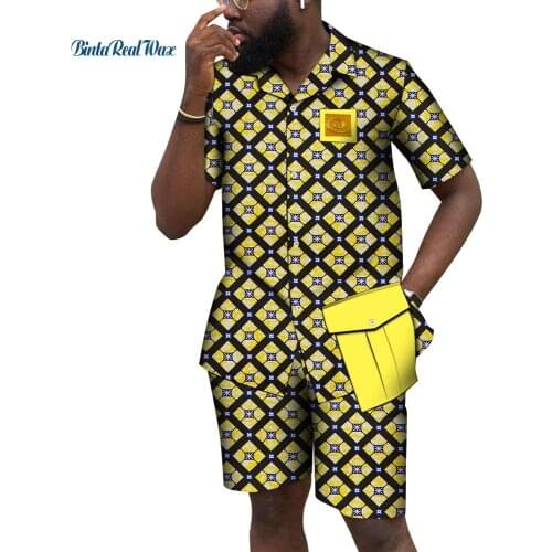 African Mens Clothing Print Suits Clothes Cotton Patchwork Top and Short Pants Sets African Print 2 Piece Pants Sets WYN1752